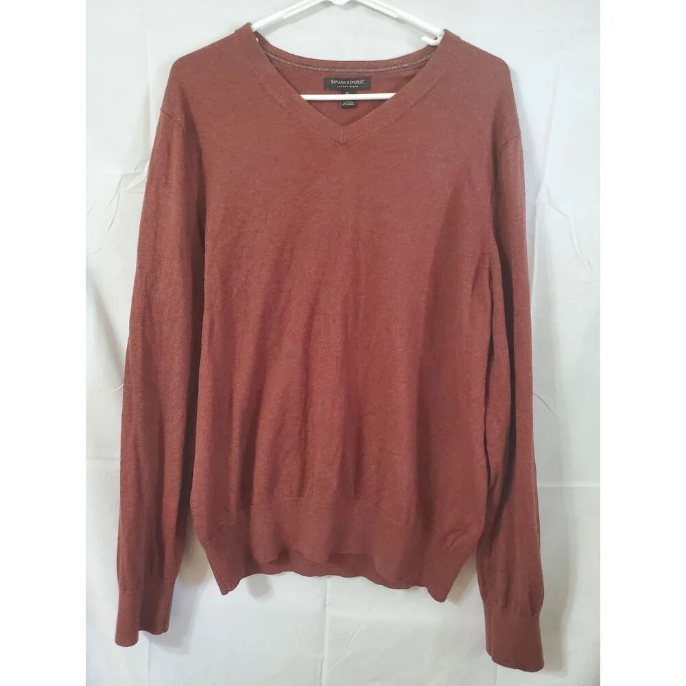 Banana Republic Sweater Mens Extra Large Brown Silk Blend Pullover V-Neck Casual